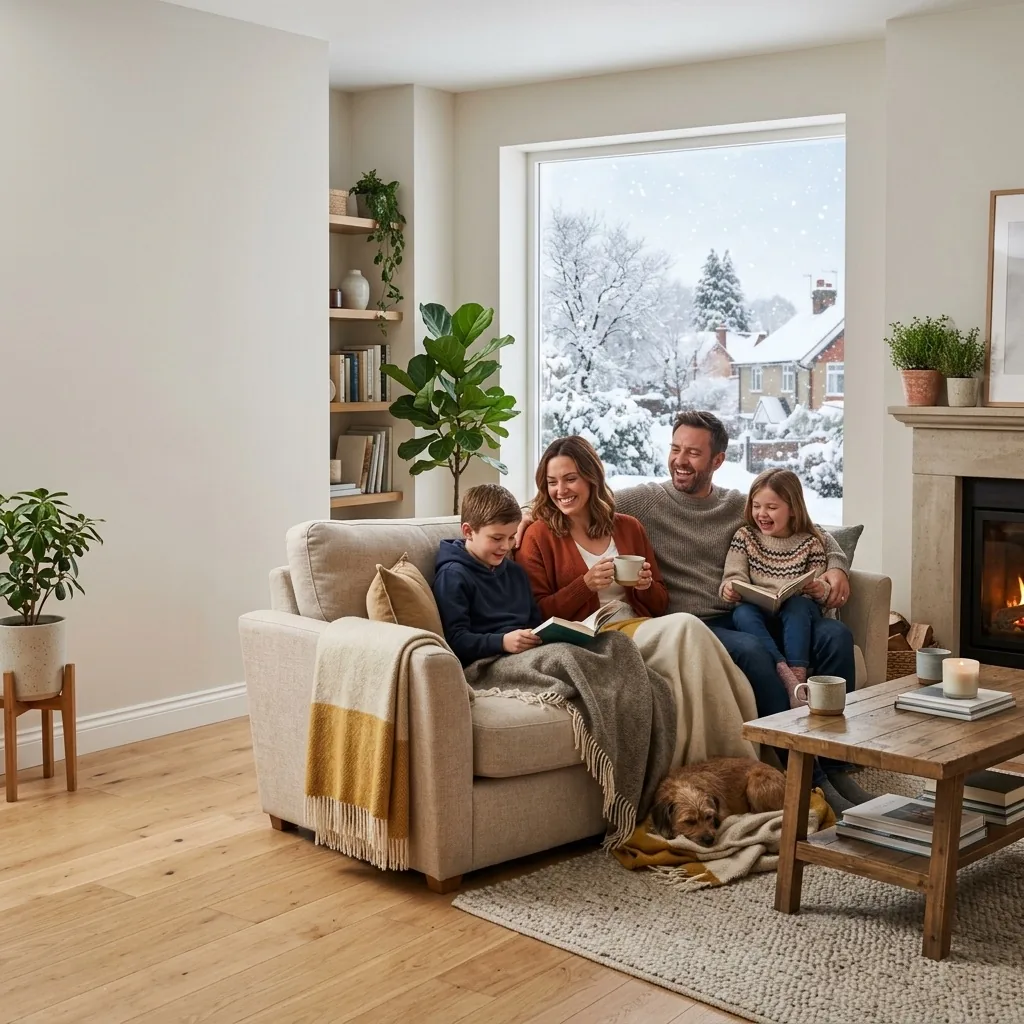 Happy family relaxing in a comfortable, well-insulated home